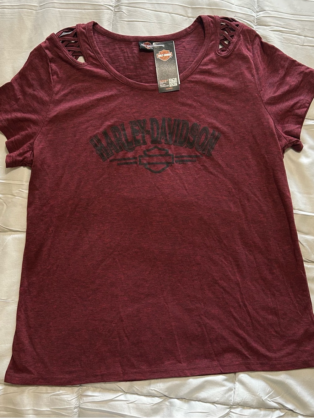 Harley-Davidson Women's Burgundy Lattice-Shoulder Logo Tee - Picture 2 of 12